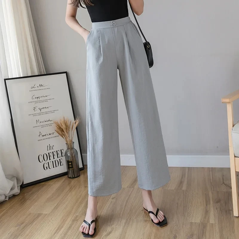 Casual Cotton Linen Wide Leg Pants Women Plus Size Loose Trousers Solid  Colors Spring Summer Thin Ankle-Length Pant Elastic 2XL - AliExpress