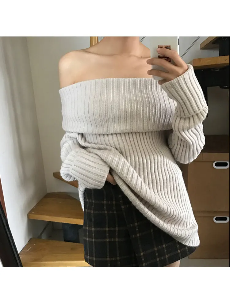 Женские свитера и пуловеры Blusas De Inverno Feminina, новинка, женский свитер, свободный воротник, длинный рукав, вязаный, один размер