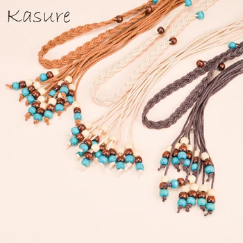 

KASURE Offwhite Braided Rope Belt For Women Vintage Bohemian Turquoise Beads Woven Boho Waistbelt Women Dress Decoration Belts