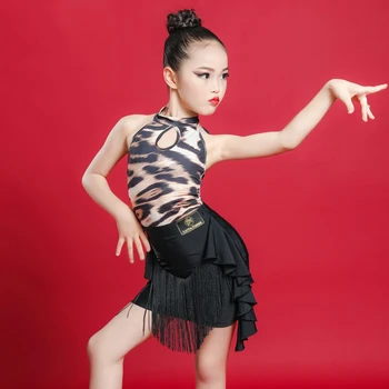 2020 New Children Latin Dance Clothes Leopard Tops Tassel Skirt 2 Pieces Sets For Girls Stage Latino Competition Costume DL6141