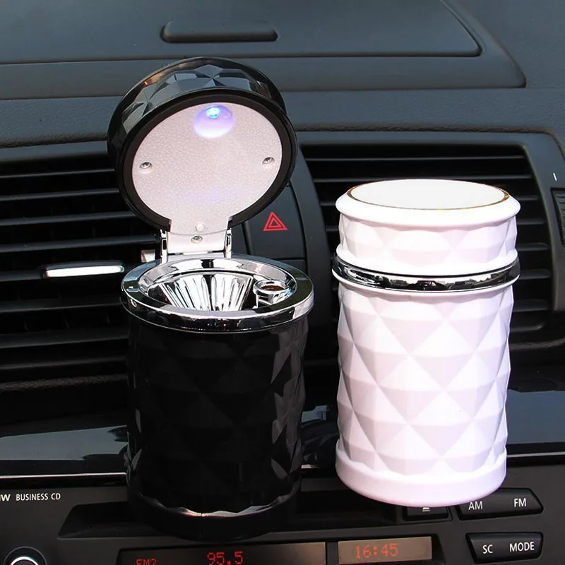 

9*11CM Portable LED Light Black/White Cigarette Cylinder Holder Smoking Accessories PC Resin Home Office Ashtray 1Pcs