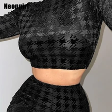 

Shestyle See Through Sexy Women Two Pieces Sets 2022 Black Velvet Mesh Mock Neck Full Sleeve Crop Tops Flare Pants Elegant