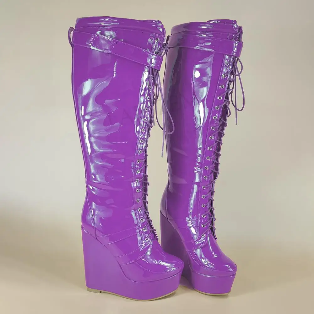 Laigzem女性ニーハイブーツプラットフォームウェッジレース