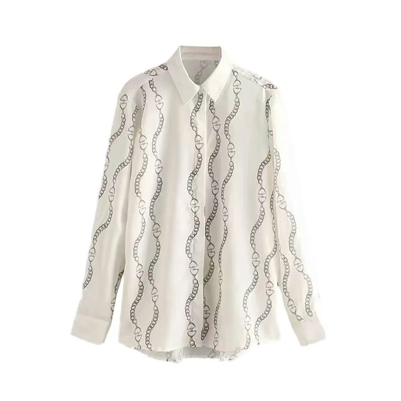 

Long Sleeve Shirt Women Print Elegant Chain Pattern Turn Down Collar Womens Tops and Blouses White Korean Fashion Clothing