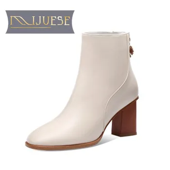 

MLJUESE 2021 women Ankle boots Cow leather Winter short plush Square Toe Zipper High heels female boots size 40