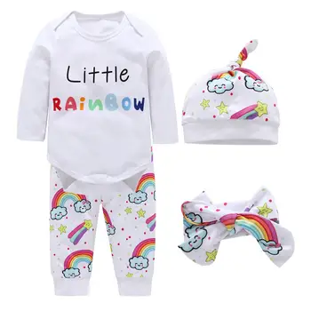 

4Pcs/Set Infant Baby Outfit Cartoon Rainbow Print Romper Pants Beanie Headband lothes Costume Outfit Suit Newborn Clothes