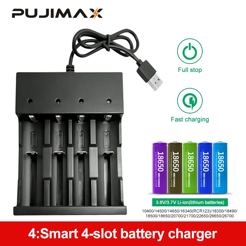PUJIMAX 18650 battery charger LED 4slots Smart charging 26650 21700 14500 26500 22650 26700 Li-ion Rechargeable Battery | Электроника