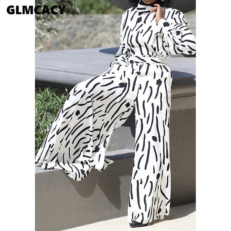Women Casual Jumpsuit Wide Leg Pants Stand Neck Long Sleeve One Piece Jumpsuit Print High Waist Sashes Elegant Overalls