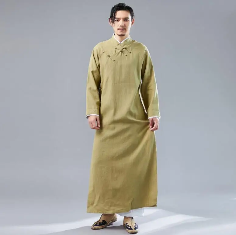 Китайский винтажный однотонный простой длинный халат мужской удобный мягкий хлопковый льняной костюм с перекрестным воротником