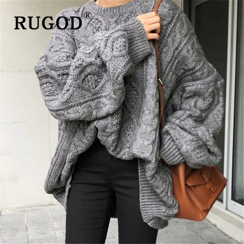 RUGOD Sweater Women 2019Korean Style Solid Gray O-neck Twist Diamond Long Sleeve loose Fluffy Sweater Casual Lady 2019S