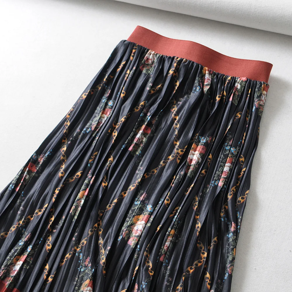 

Za Celebrity Style WOMEN'S Dress Chain Printed Pleated Skirt over-the-Knee Mid-length 18 Autumn High-waisted Big Hemline A- line