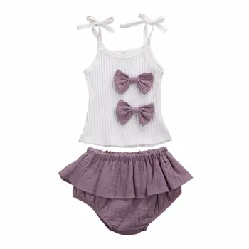 

0-18 Months Newborn Baby Girl Clothes 2020 Summer Toddler Outfit Big Bow Sling Tops Purple Cotton Linen Shorts Baby Girls Outfit