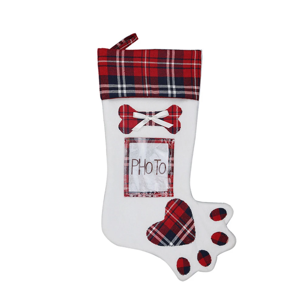 

Christmas Candy Socks Bag Plaid Gift Bags Creative Cute Pet Dog Fish Bone Claw Sock Paw Stocking Xmas Tree Hanging Ornament