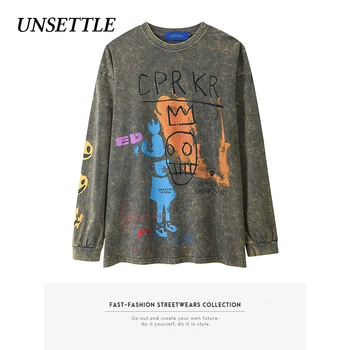 

Autumn Washed Heavy Long Sleeve Harajuku graphic Oversized t shirt Graffiti Print Men Hip Hop Streetwear Sweatshirt T-shirts Top