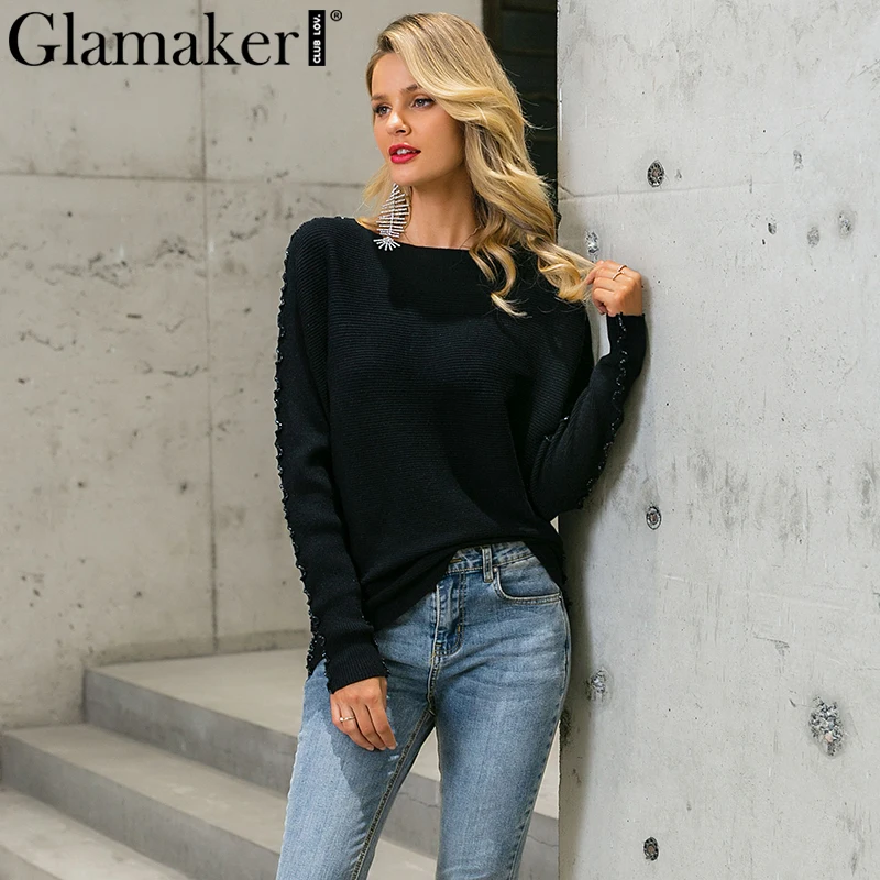 Женский вязаный свитер Glamaker повседневный однотонный черный джемпер с рукавами