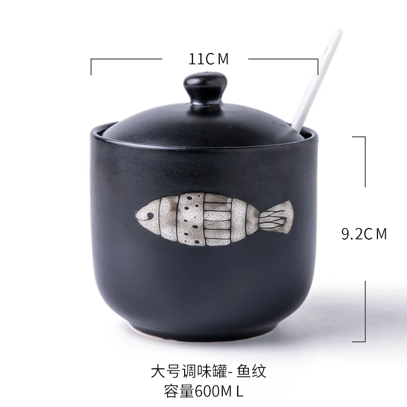 Индивидуальная ручная роспись керамическая банка для приправ с крышкой ложкой посуда в японском стиле кухонная MSG банка для соли банка для сахара - Цвет: 600ml