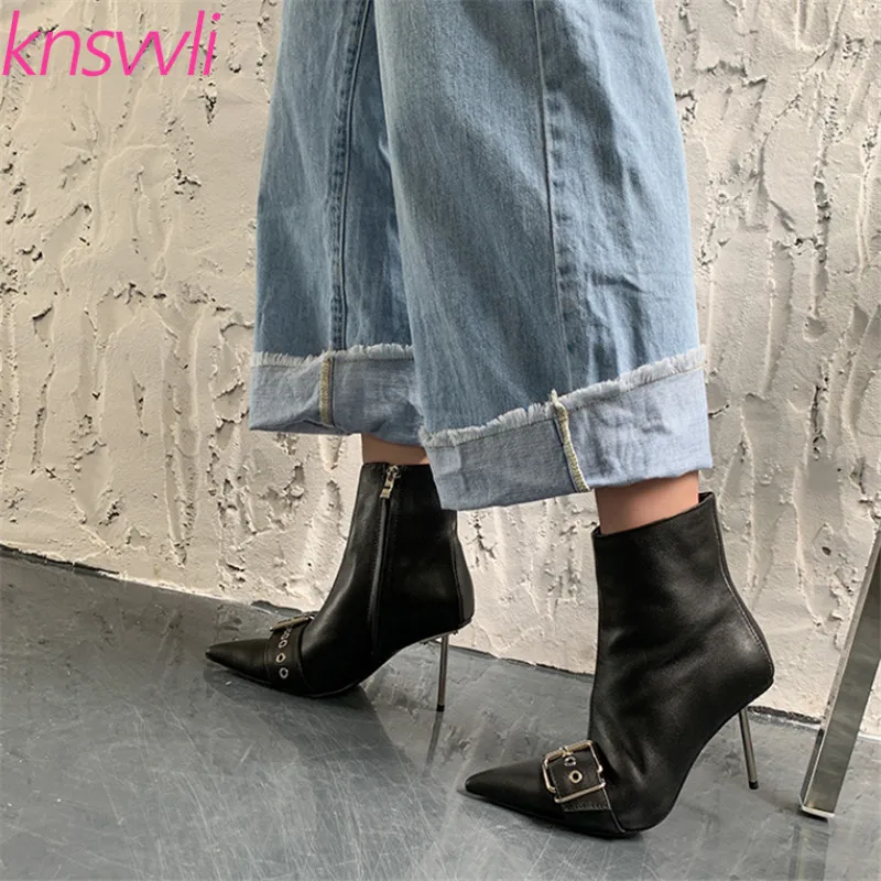 black 8cm heel Knsvvli/ботильоны для женщин на тонком металлическом каблуке с острым носком и пряжкой в римском стиле; полусапожки из натуральной кожи на высоком каблуке; Botines Mujer - Цвет: black 8cm heel