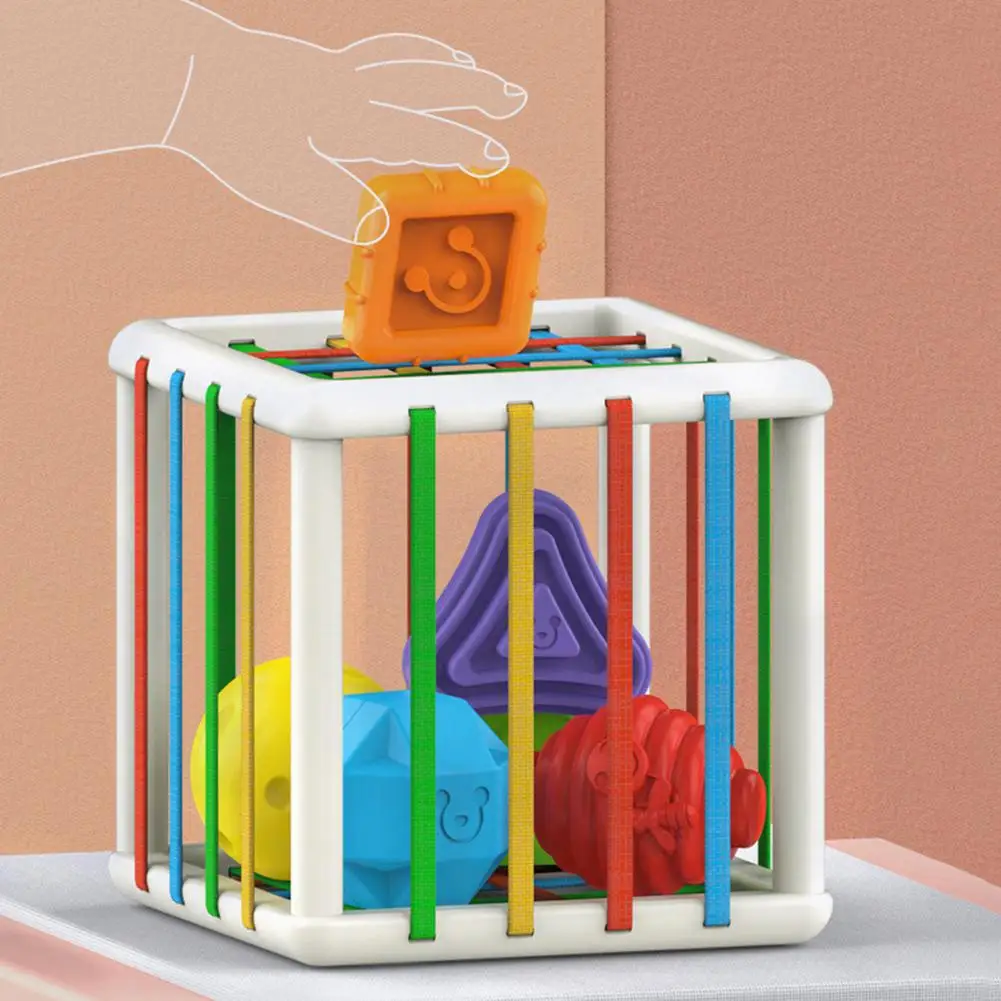 Baby Chunky Shape Blocks Cube Box Bin Toy With Elastic Bands Colorful