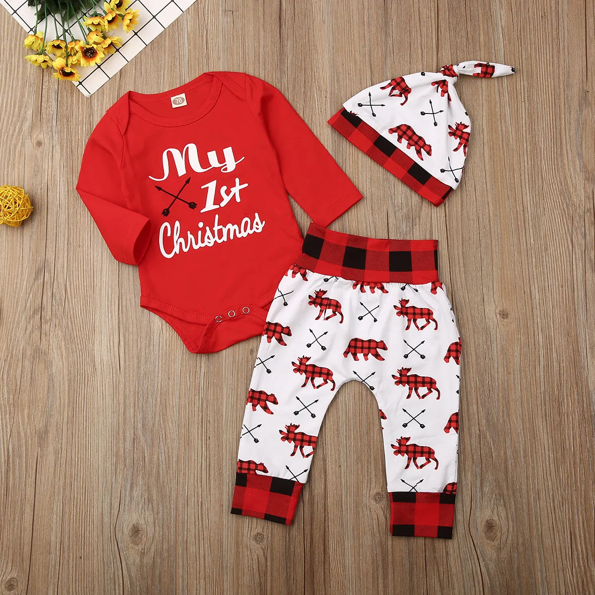 3pcs Cotton Baby Outfit Clothes Cute Christmas Newborn Sets Toddler First Xmas Cartoon Printed Romper Trousers Hat Baby's Set