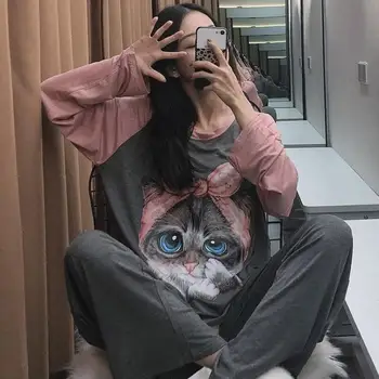 

Women Gray Sleep Set Spring Autumn New Pajamas Suit Nightwear Cotton Homewear Intimate Lingerie Pyjamas Cartoon Sleepwear