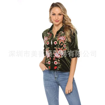 

2019 Autumn Winter Long Sleeve Embroidered Female Clothing Fashion Slim Tops Western Women's Velvet Shirt blouse