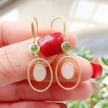 

Natural Hetian jade Earrings Simple and generous925 silver Mosaic Hetian jade