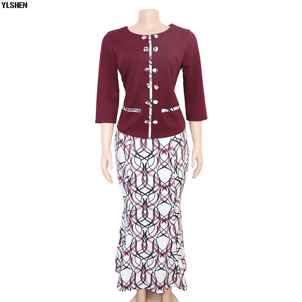 African Dresses for Women 2 Piece Set African Clothes Dashiki Print Tops + Skirt Suits Bazin Riche Fashion Robe Africaine Femme 14