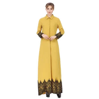 

Lace Abaya Dress Women Yellow Arabic Arabia Clothing Gown Turndown Collar Abaya Dubai Dress Large Size Female Long Robe Gown
