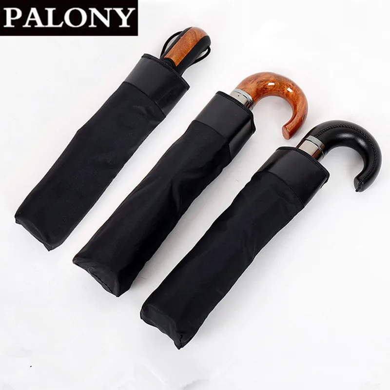 

Three Fold Automatic xiang zu Umbrella Leather Faux Wooden Handle Ten Bone Extra-large Men Business Pure Black Fully Automatic T