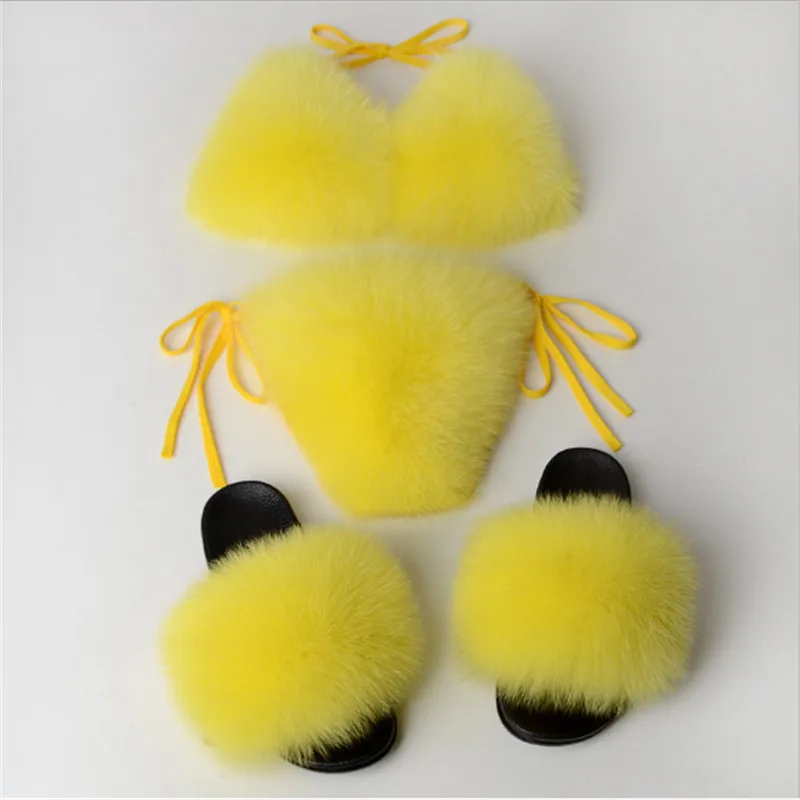 

Hot Woman Fox Fur Slippers% 100 Sexy Bikini Set Fashionable Furry Sandals Fluffy Slide Lingerie Bra Home Shoes Lndoor Flip-Flops