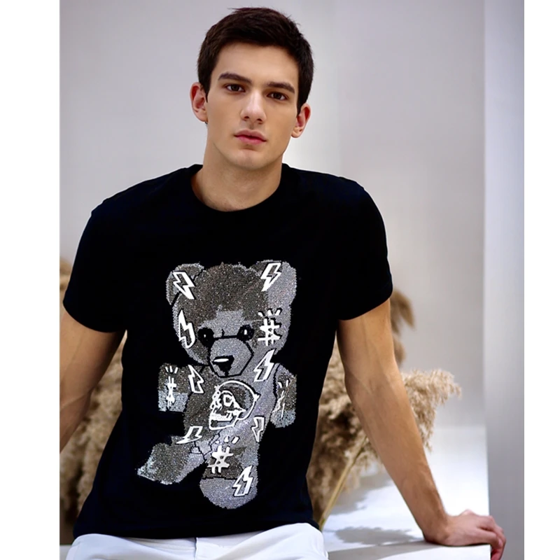 Alex Plein Футболка Мужская Летняя Повседневная хлопковая Teddy Bear Стразы с украшением