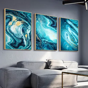 

3 Panels Nordic Sea Blue Golden Abstract Color Canvas Painting Wall Art Poster Quadro Wall Pictures Cuadros Home Decoration
