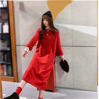 

Autumn Elegant Women Button Dress Patchwork Leopard Print Sweater Dress Turn-Down Collar Solid Warm Knitted Dress