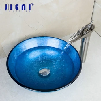 

JIENI Blue Bathroom Sink Round Tempered Glass Basin Bathroom Sink Set With Brushed Nickel Bathroom Faucet Mixer Tap Set
