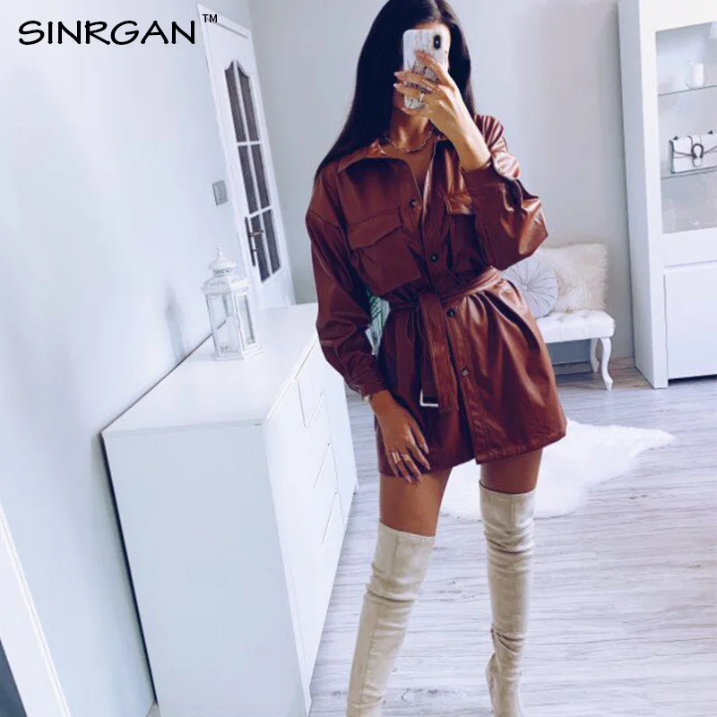 SINRGAN/короткое платье из искусственной кожи синего цвета с поясом; женская уличная одежда больших размеров; куртка с одной пряжкой; сезон осень-зима