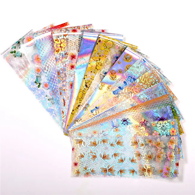 16Pcs-3 10 шт., переводные наклейки из фольги с цветами для ногтей, цветочные кружева, листья, дерево, летние слайдеры, наклейки, обертывания, набор для украшения ногтей, 100*2,5 см - Цвет: 16Pcs-3