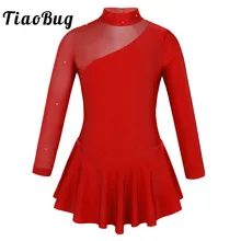 Kids Teens Rhinestones Tulle Long Sleeves Ballet Gymnastics Leotard Girls Performance Lyrical Dance Costume Figure Skating Dress