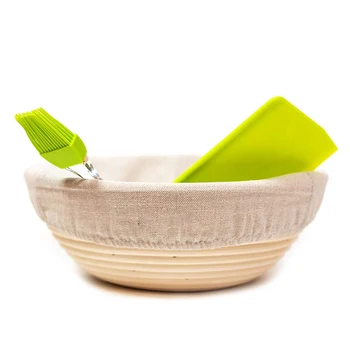 

9 Inch Bread Proofing Basket - Natural Rattan Cane with Linen Liner Cloth, Dough Scraper/Cutter, Glaze Brush, Instructions Leafl