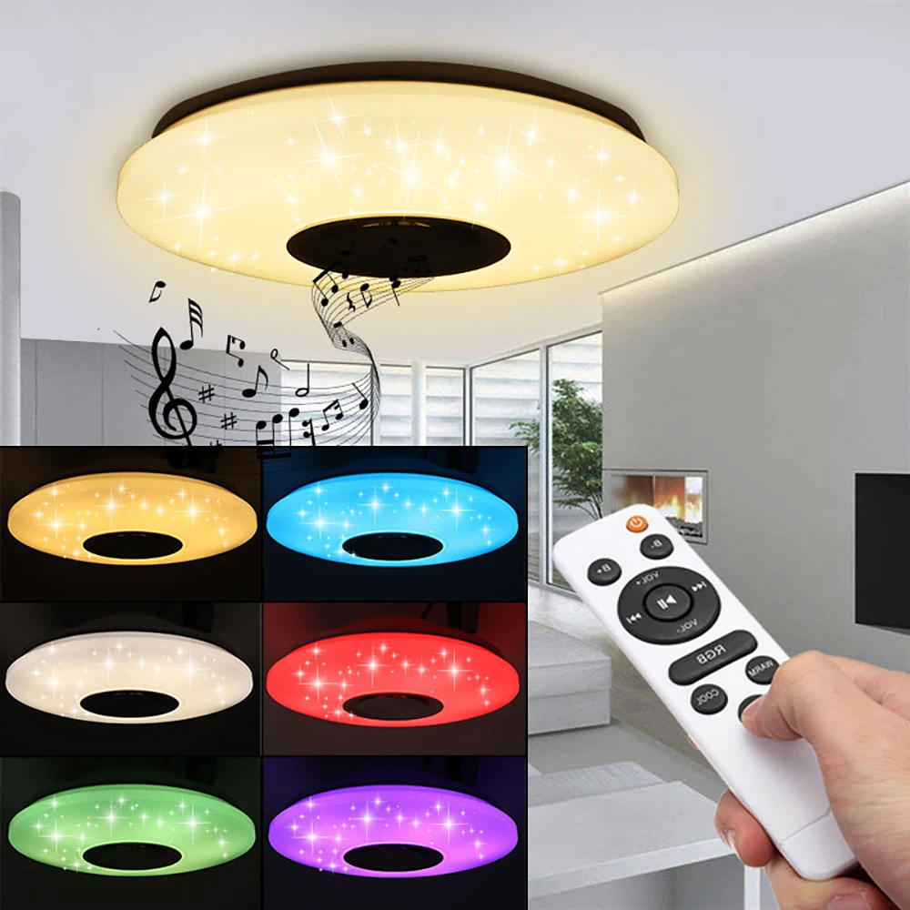 Умный музыкальный динамик светодиодный потолочный светильник 36-60 Вт RGB встроенный круглый Звездный пульт Bluetooth полноцветный потолочный светильник для домашней кухни