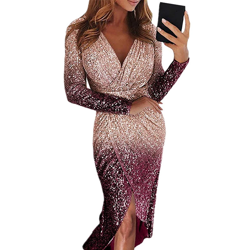 Расшитое блестками градиентное Сексуальное Женское Платье с v-образным вырезом и длинным рукавом, тонкое банкетное платье Vestidos, элегантное блестящее вечернее платье SJ5087M