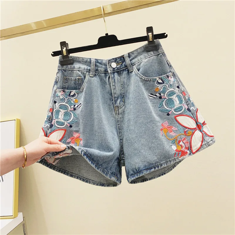 

Denim Shorts Female Summer Loose High Waist Slimming Fit Embroidery Wide-Leg Hot Pants Girls Ladies Jeans Shorts Short Femme