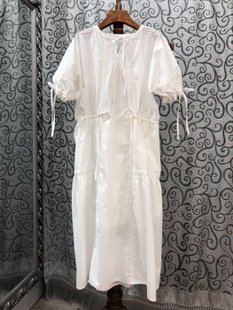 

2020 Spring and Summer New Women's Leader's Mouth Lace-up Decorative Solid Color Short-Sleeve Dress 528