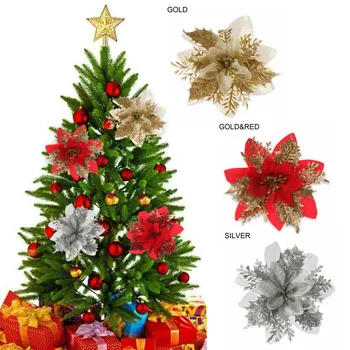 

Christmas Tree Flowers Glitter Ornament Poinsettia Xmas Gift Artificial Decor Artificial Flowers For Christmas Tree Decoration