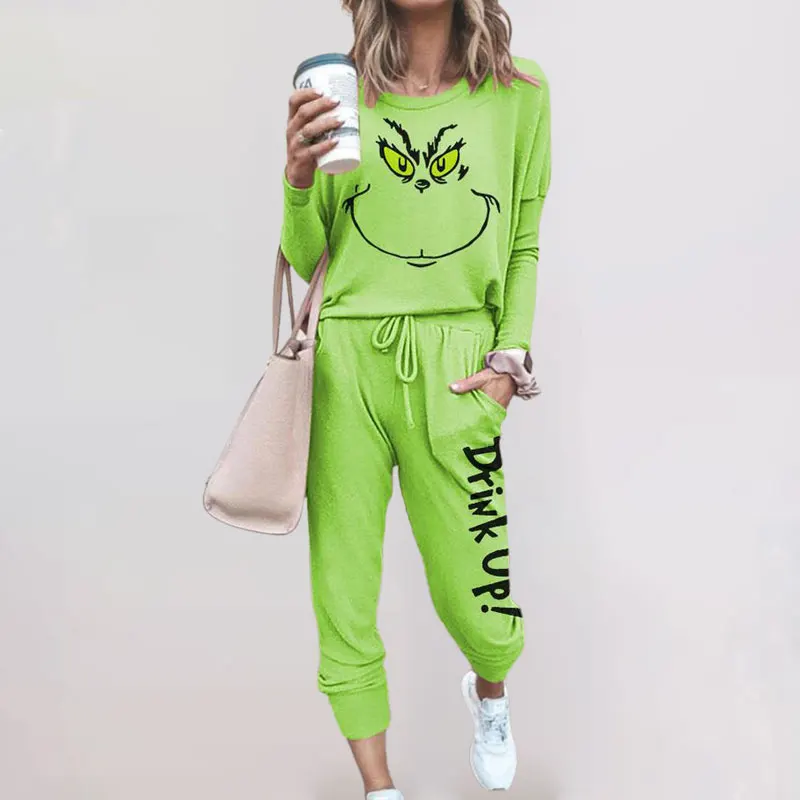 

2020 Autumn Women Hooded Sets Two Piece Set Green Color Christmas Women's Sets Tops+pants