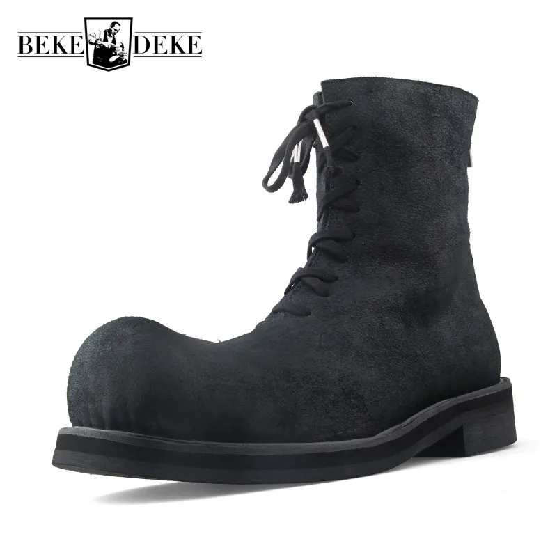 Harajuku Botas de cuero genuino con punta redonda para hombre, botines con cordones y trasera, Estilo Vintage, de vaca|Botas básicas| - AliExpress