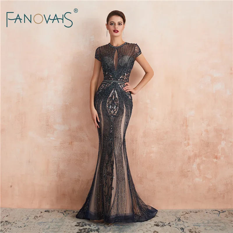 

Luxury Mermaid Evening Dress 2019 Cap Sleeve Fully Beaded Dark Navy Prom Dress Formal Evening Gown Party Wear Vestidos de Fiesta