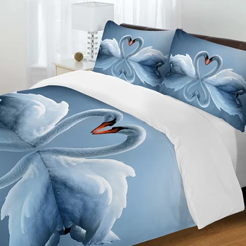

Double Bed Comforters 3d Bedding Linens White Swan Printed Bed Linen Sets Soft Couple Bedroom Bedclothes With Pillowcases