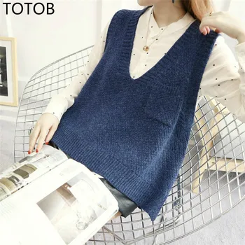 

TOTOB Korean Style Autumn Winter Sleeveless Short Sweaters Vest Women Fashion Knitted Pullover with Pockets V Neck Jumpers