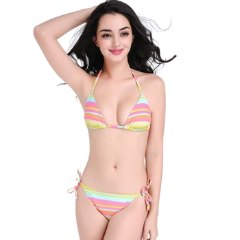 

Amazing Rainbow Bathing Knitted Swimwear Woman Bikini 2019 Swimming Pool Bikini Bathing Suits Strappy Fully Lined Swimsuit