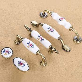 

Door Handles Modern rural drawer handle cabinet chest door european-style antique copper red blue flower ceramic